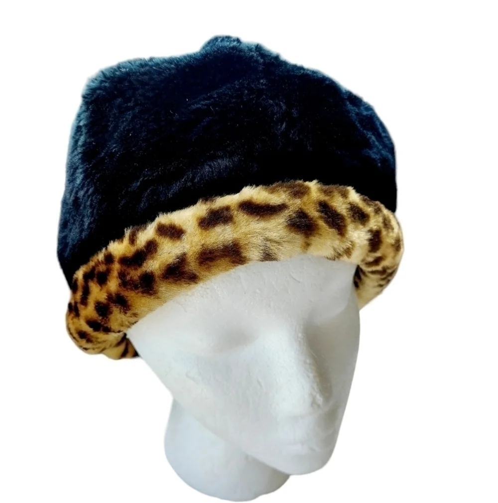 Fuzzy Black Cheetah Bucket Style Hat Retro 90's - Picture 3 of 11